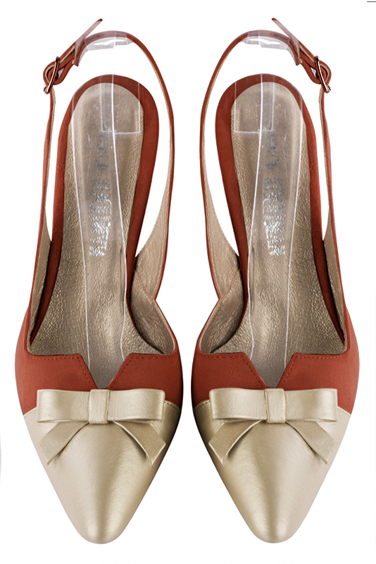 Gold and terracotta orange women's open back shoes, with a knot. Tapered toe. Medium slim heel. Top view - Florence KOOIJMAN